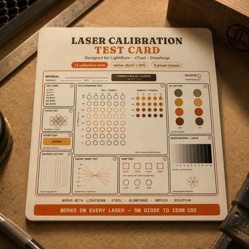 Dial-In laser calibration kit test card design showing the speed and power grid layout