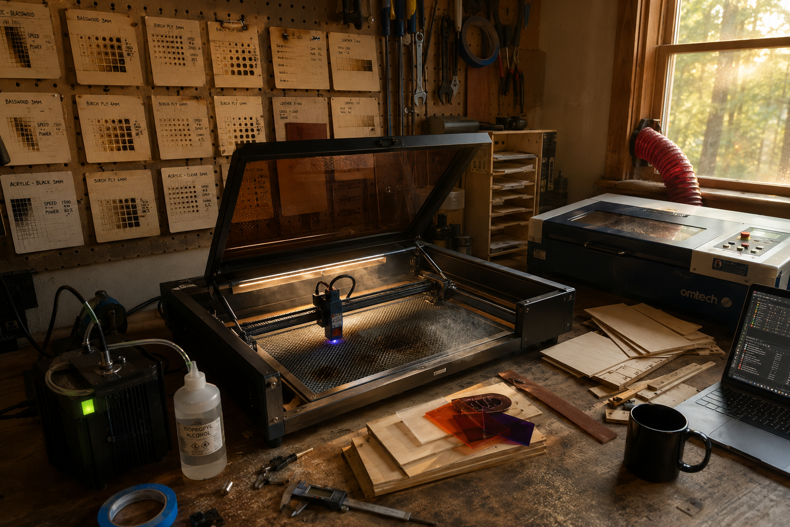 A laser calibration test card burned into plywood