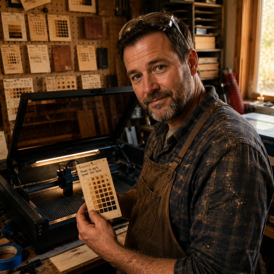 The Dialed In workshop with a laser cutter and test cards