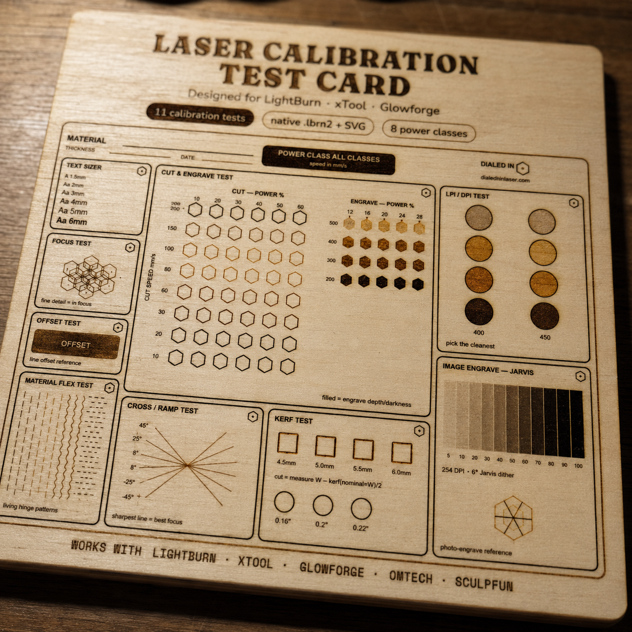 Laser calibration test card engraved and cut on a real wood board to dial in settings